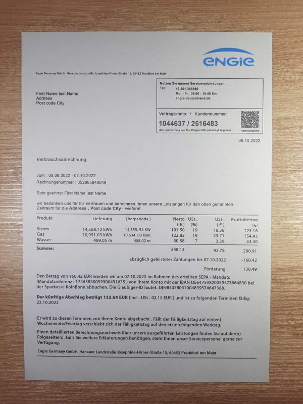 Germany Engie fake utility bill template Sample