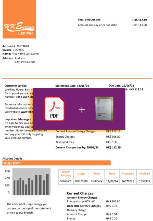 Downloadable {utility type} bill from Hong Kong Energy, {State} – banner included