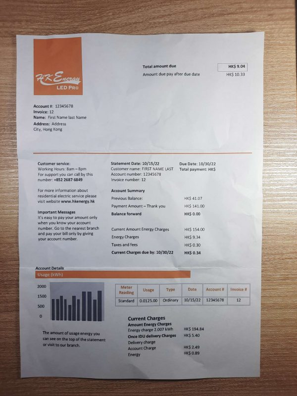 Hong Kong Energy Ltd fake utility bill template sample