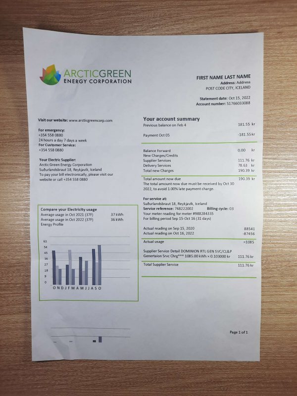 Iceland Arctic Green Energy Corporation fake utility bill template sample