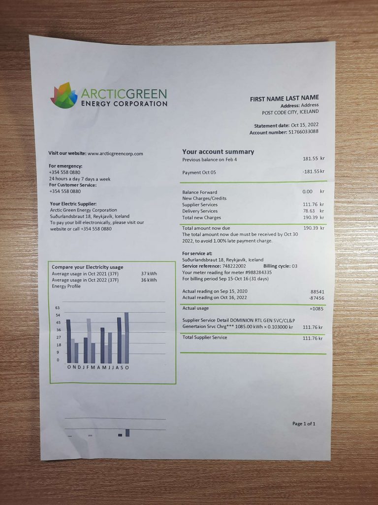 Iceland Arctic Green Energy Corporation fake utility bill template sample