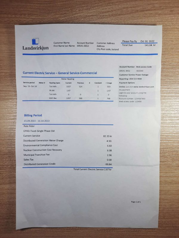 Iceland National Power Company of Iceland Landsvirkjun electricity fake utility bill template sample