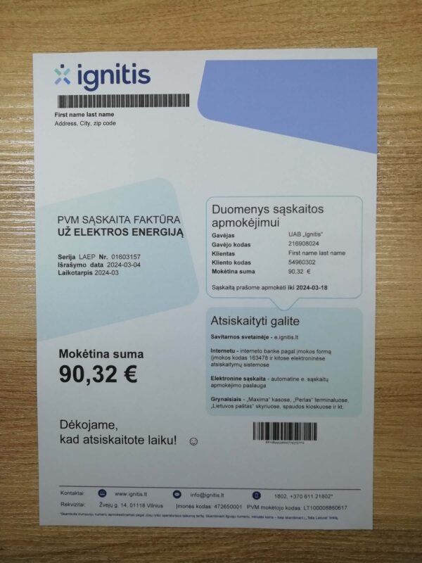 Lithuania (LITVA) Ignitis fake utility bill template