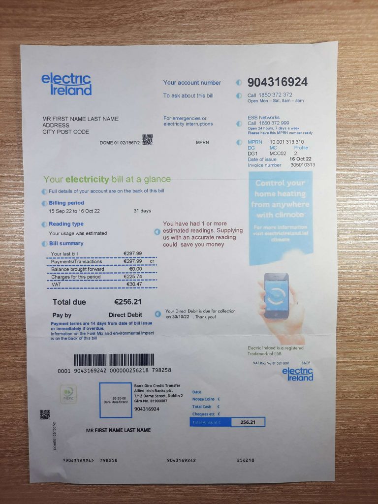 Ireland Electric Ireland fake utility bill template sample