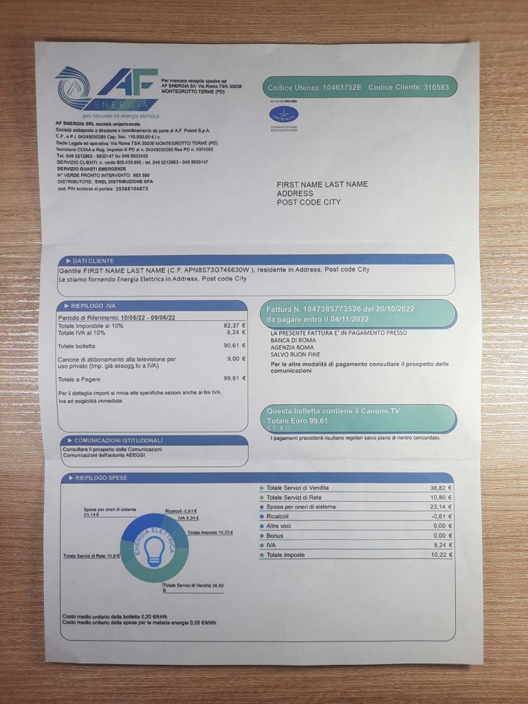 Italy AF Energia fake utility bill template Sample