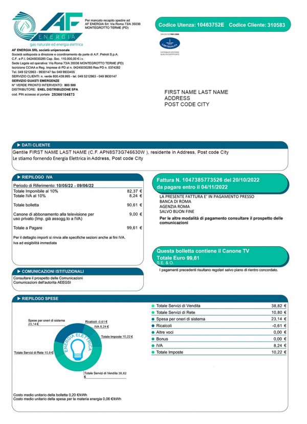 Italy utility bill template