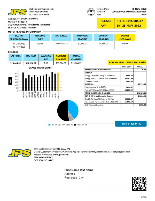 Jamaica utility bill template