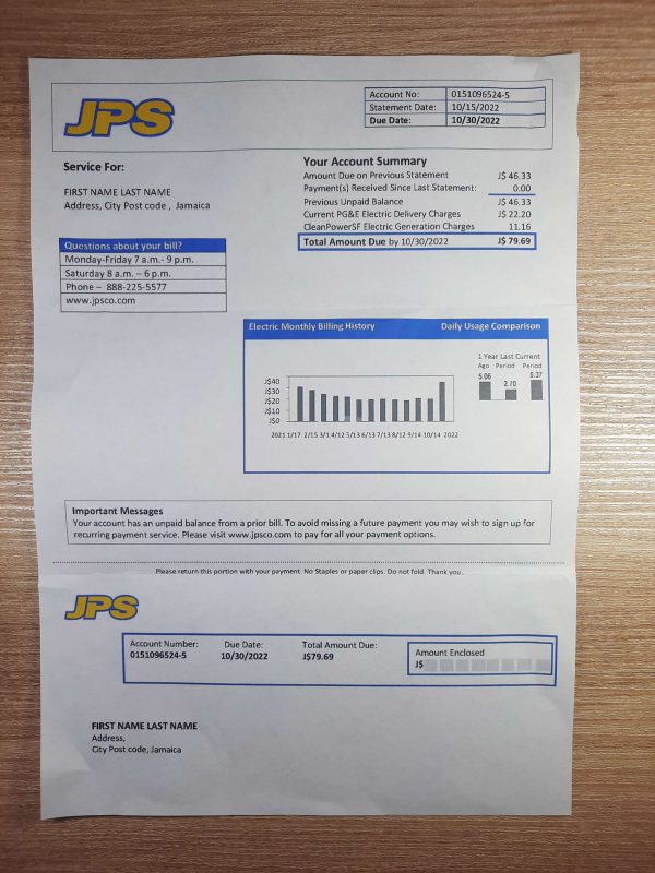 Jamaica Public Service (JPS) electricity utility bill fake utility bill template sample