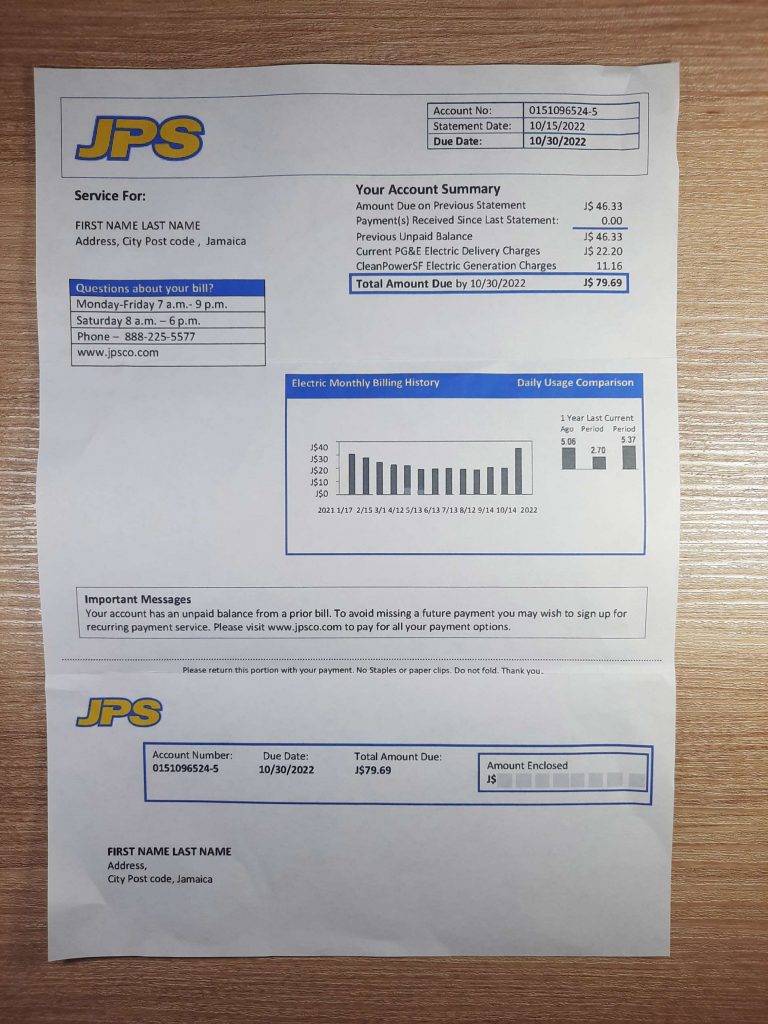 Jamaica Public Service (JPS) electricity utility bill fake utility bill template sample