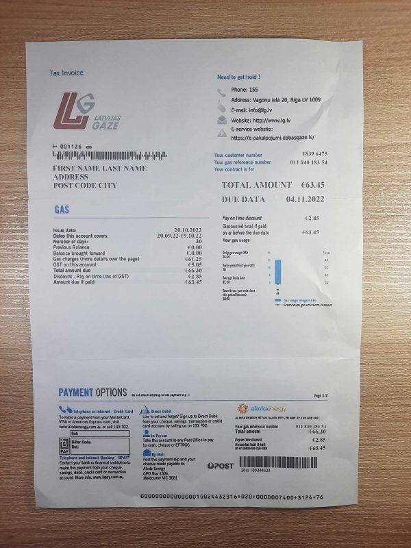Latvia GAZE fake utility bill template Sample