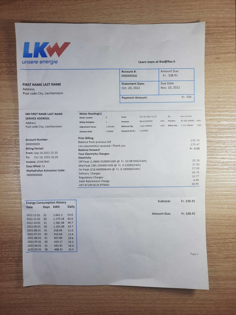 Liechtenstein Ische Kraftwerke (LKW) electricity utility bill fake utility bill template sample