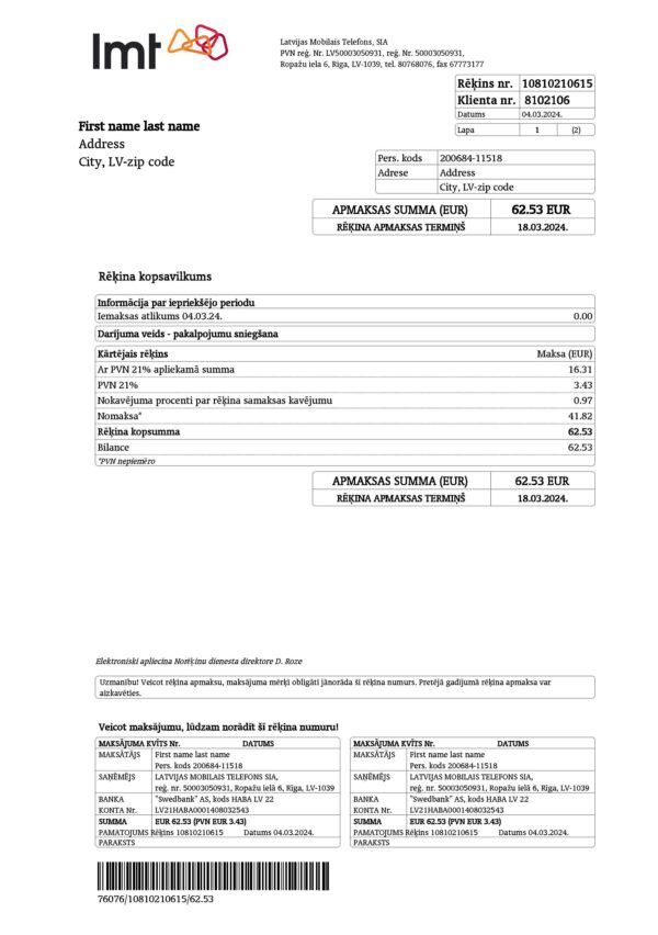 Latvia utility bill template