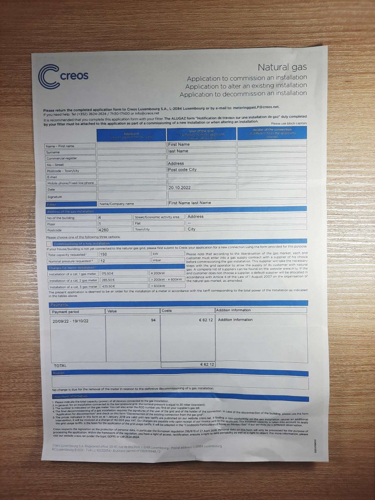Luxembourg CREOS Gas fake utility bill template sample