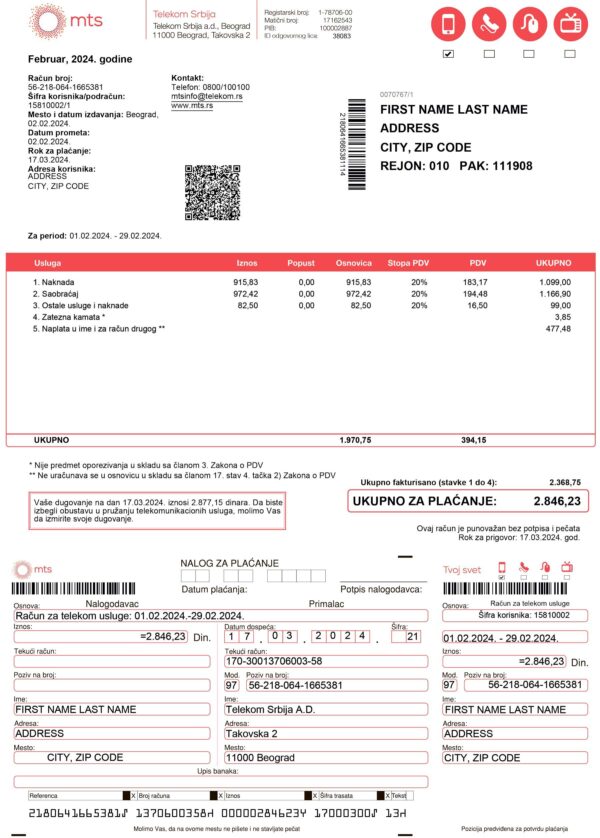 Phone bill Serbia utility bill template