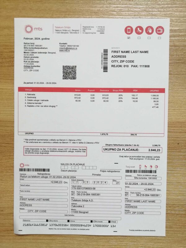 New MTS Phone bill Serbia fake utility bill template sample