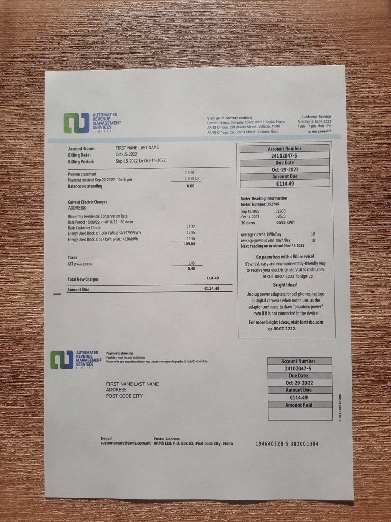 Malta Automated Revenue Electricity fake utility bill template sample