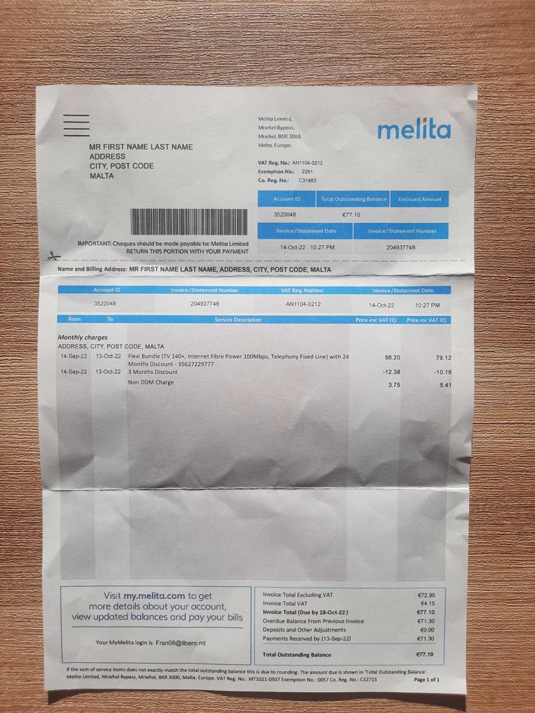 Malta MELITA fake utility bill template sample