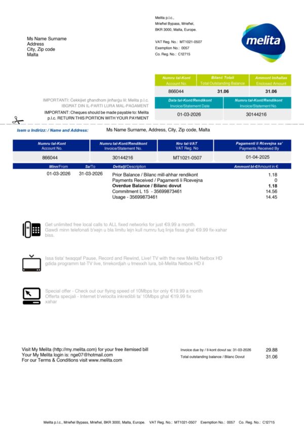 Melita Interner and TV statement from Malta – modifiable PDF template