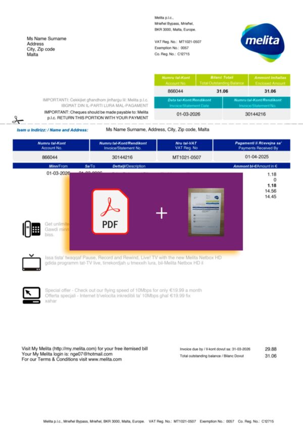 Melita document for Malta – proof-of-address label applied
