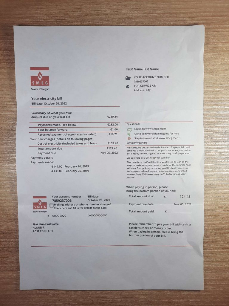 Monaco SMEG electricity utility bill fake utility bill template sample