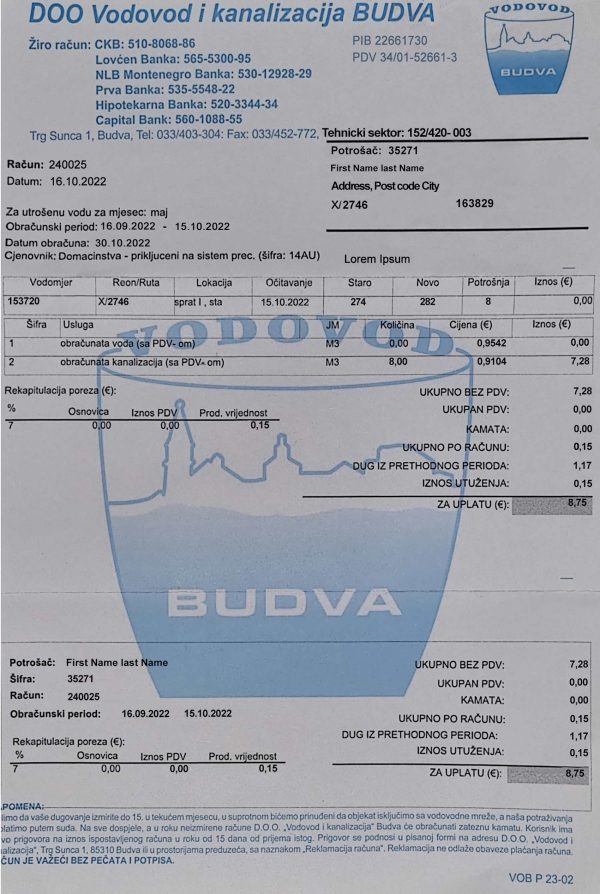 Montenegro fake utility bill for proof of address
