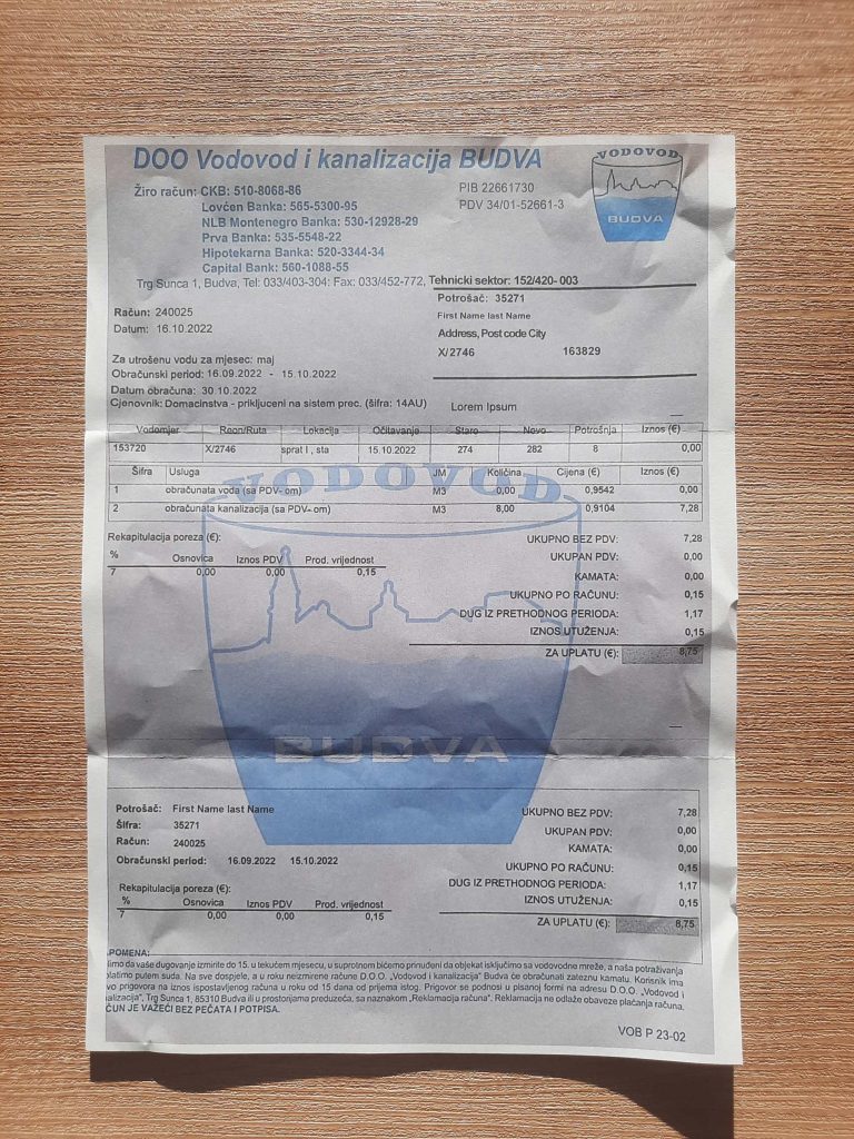 Montenegro fake utility bill template sample