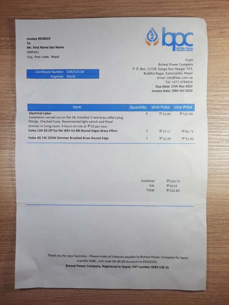 Nepal Butwal Power Company Limited electricity bill fake utility bill template sample