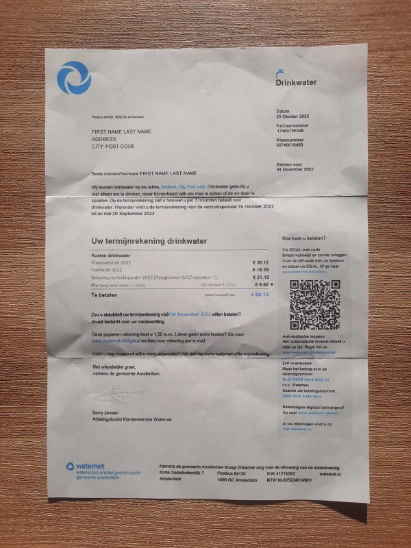 Netherlands Drinkwater fake utility bill template sample