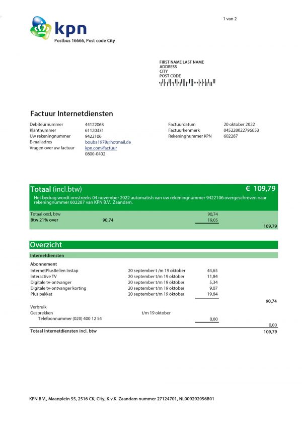 Netherlands fake utility bill for proof of address