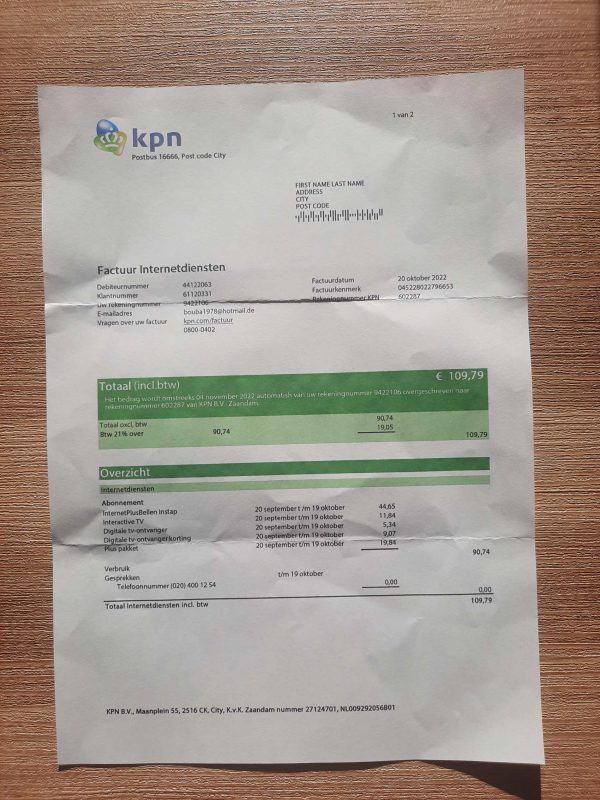 Netherlands KPN fake utility bill template Sample