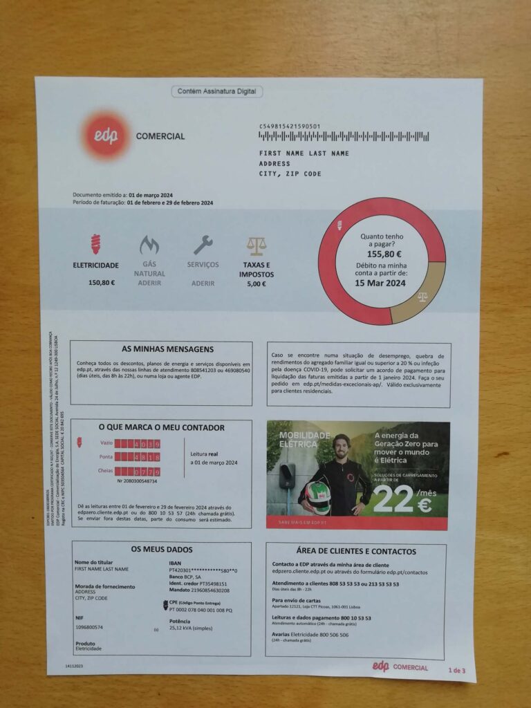 New EDP Electricity Portugal fake utility bill template sample