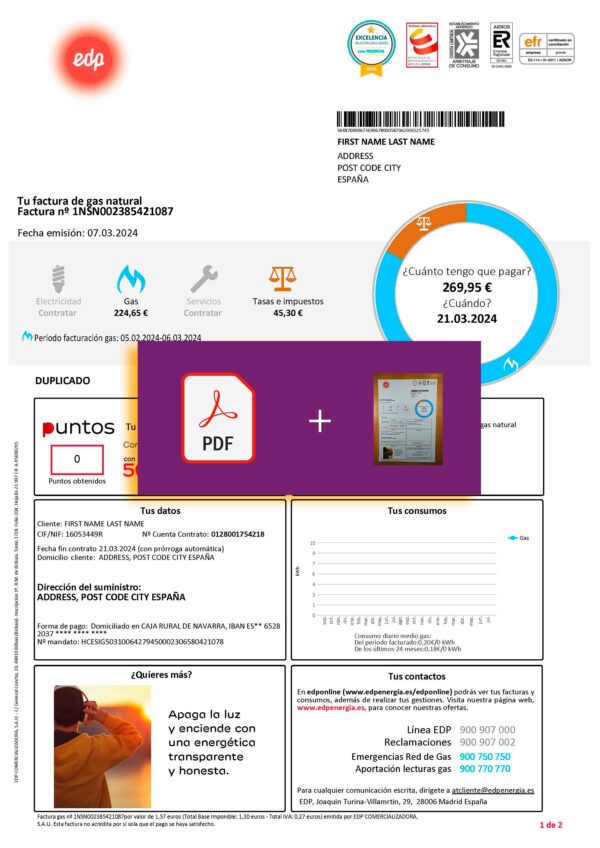 EDP electricity Spain utility bill template