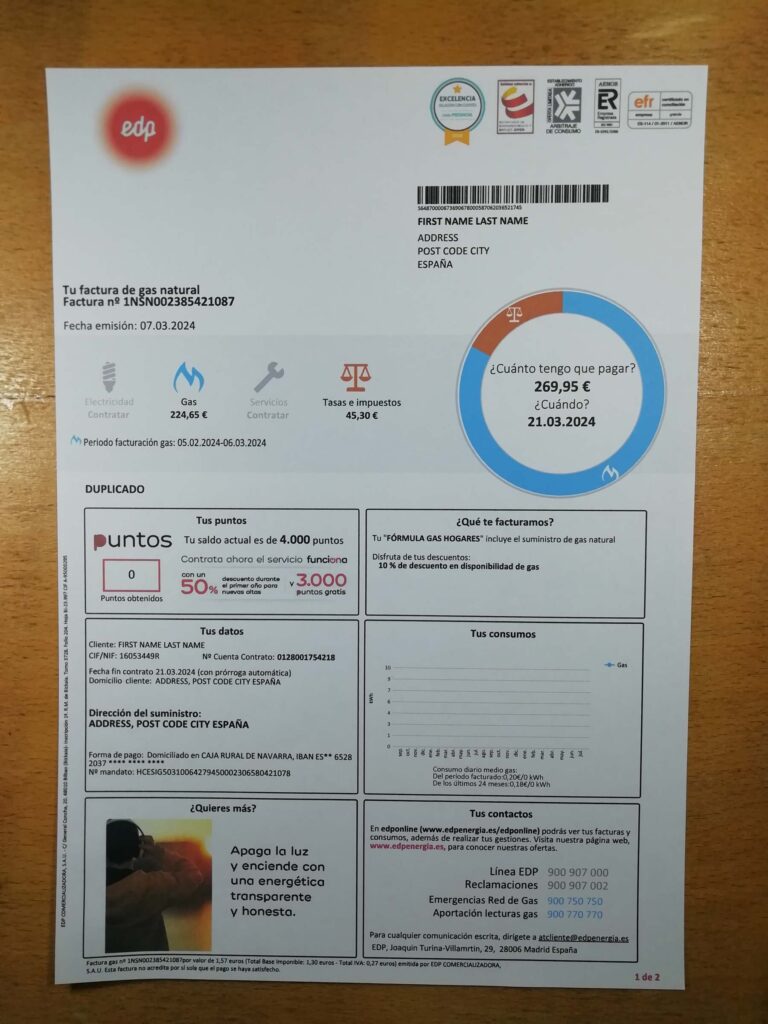 New EDP electricity Spain fake utility bill template sample