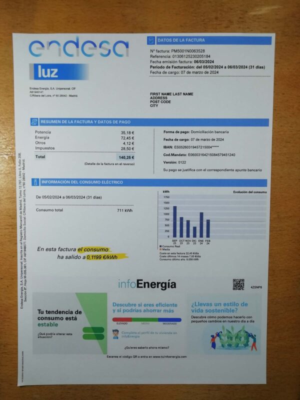 New Endesa Energy Spain fake utility bill template sample