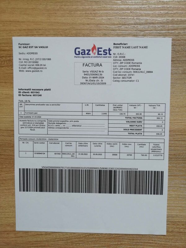 New Gaz Est Romania fake utility bill template sample