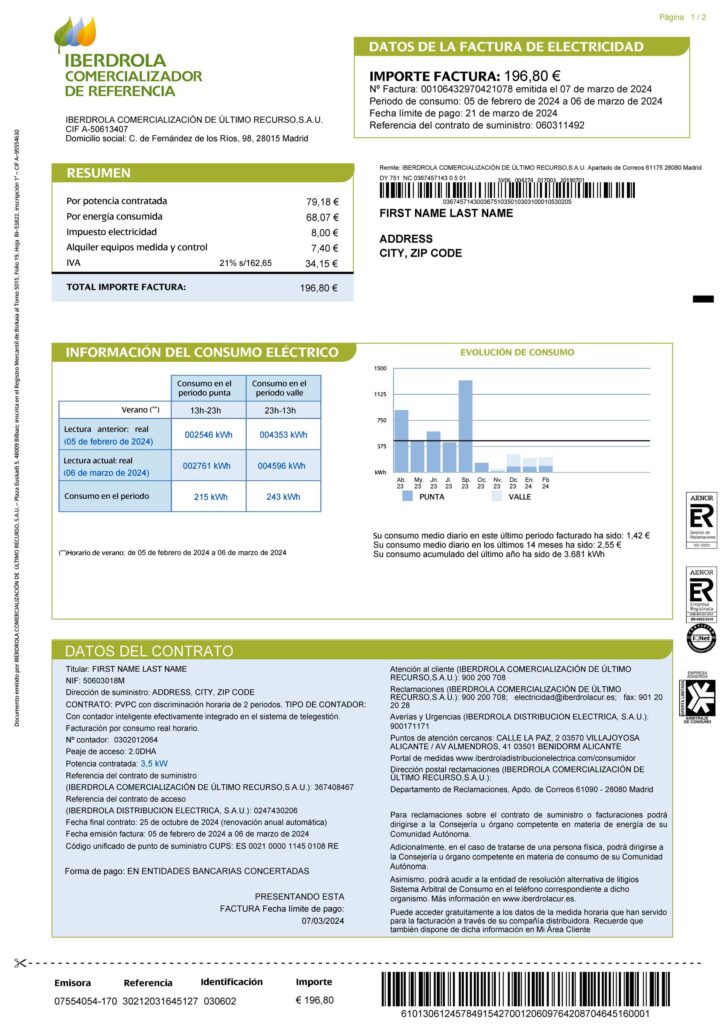 Spain Fake utility bill template