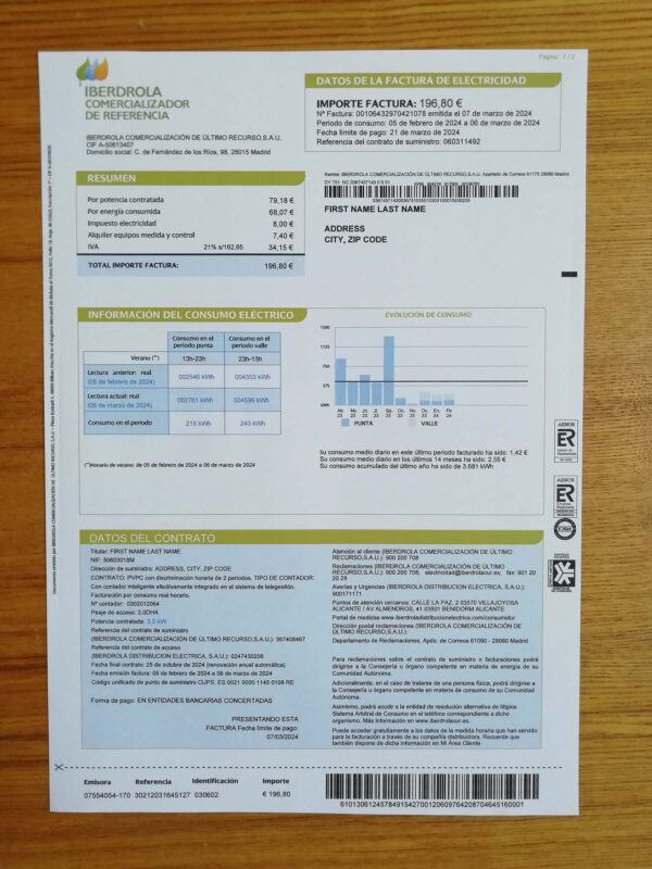 Spain IBERDROLA fake utility bill template sample