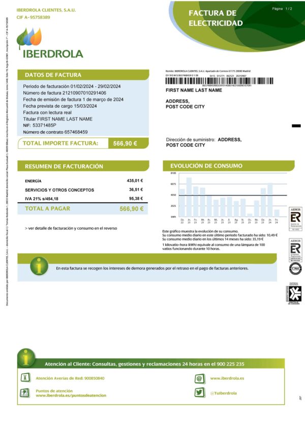 Portugal utility bill template