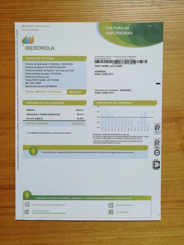 New Iberdrola Electricity Portugal fake utility bill template sample