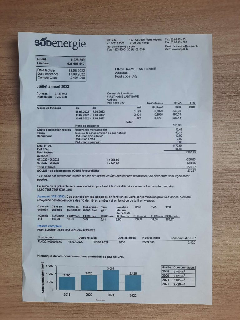 New SUDenergie Luxembourg fake utility bill template sample