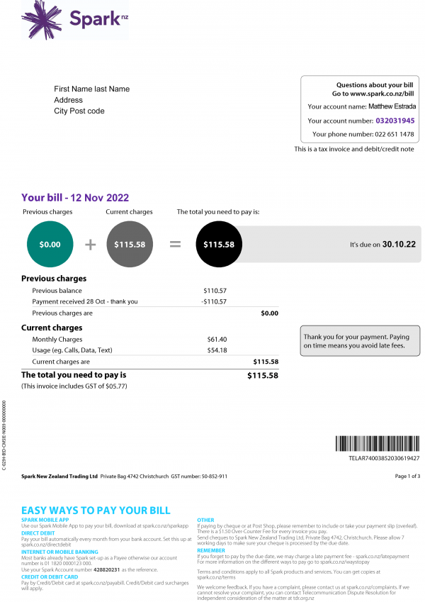 New Zeland Make utility bill template