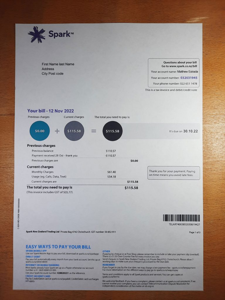 New Zeland Spark fake utility bill template