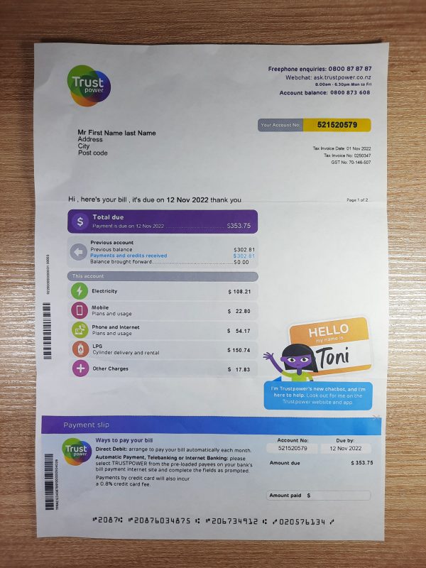 New Zeland Trust fake utility bill template