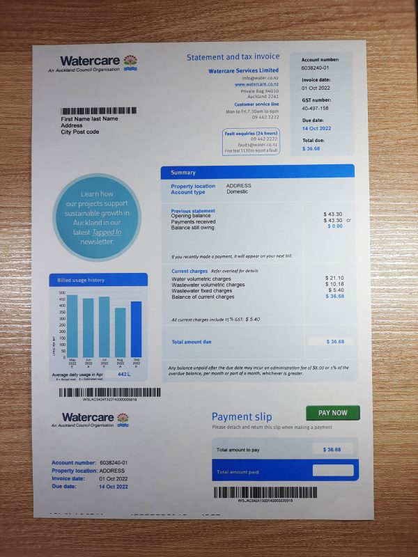 New Zeland Watercare fake utility bill template