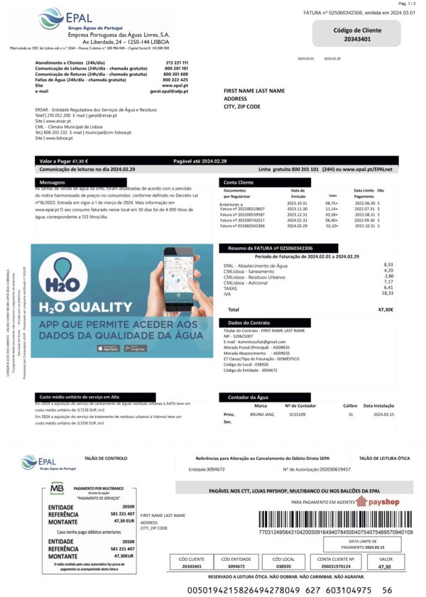 water Portugal fake utility bill