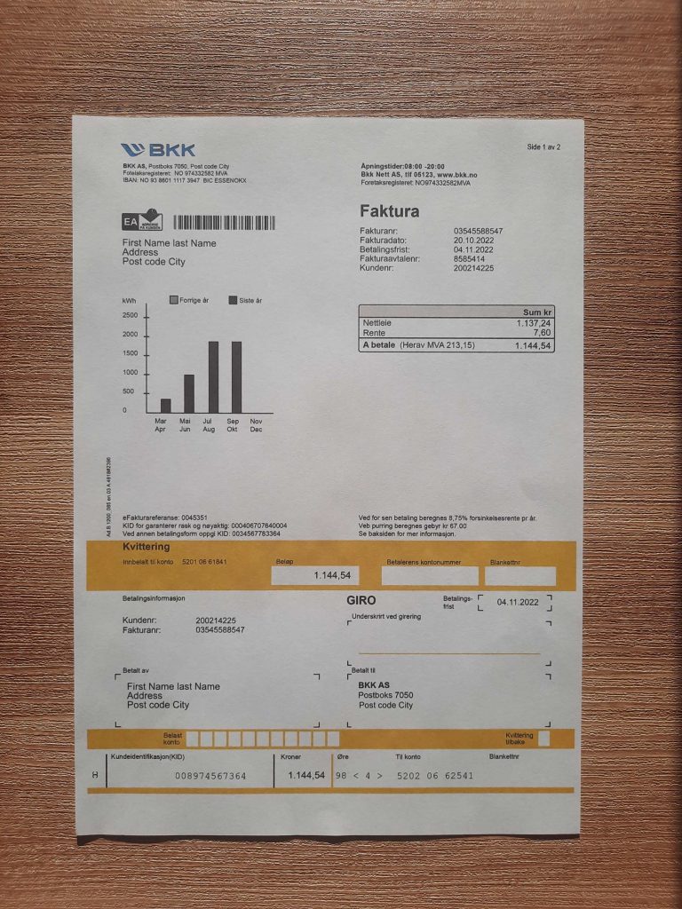Norway BKK Electricity fake utility bill template sample