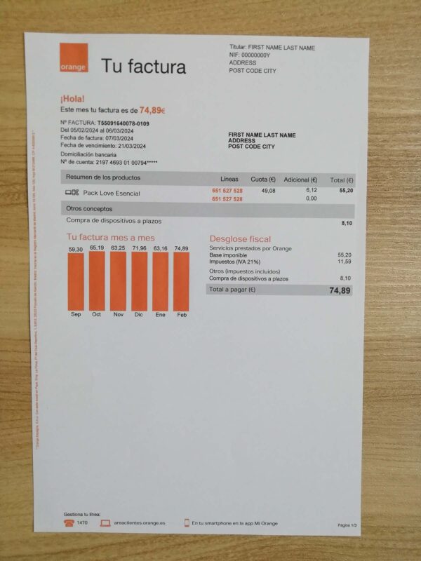 New Orange Phone Utility Spain fake utility bill template sample