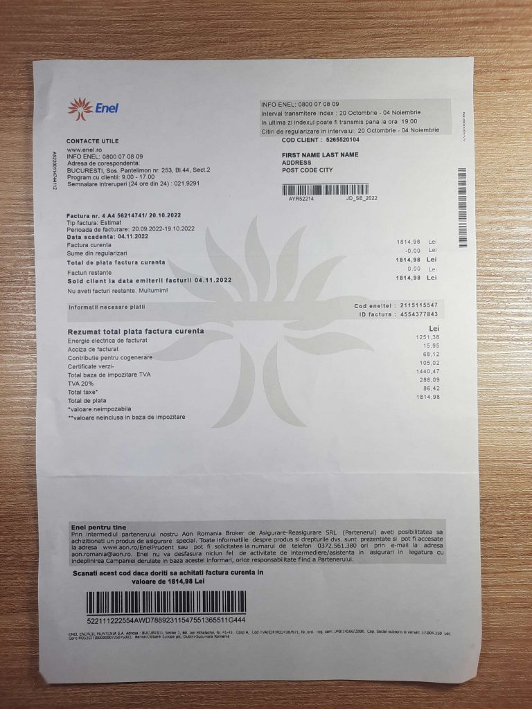 Romania ENEL fake utility bill template sample