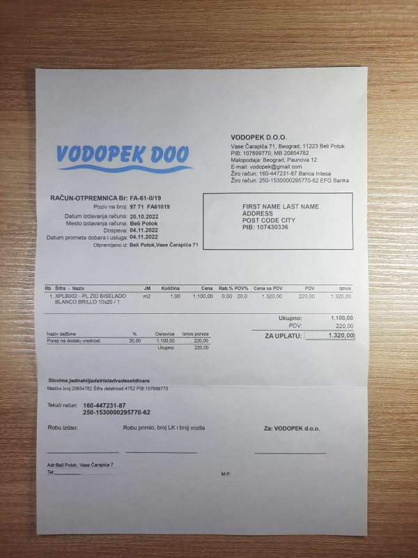 Serbia VODOPEK fake utility bill template sample