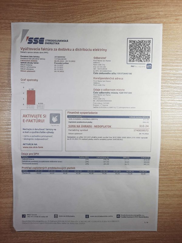 Slovakia SSE Energy fake utility bill template sample